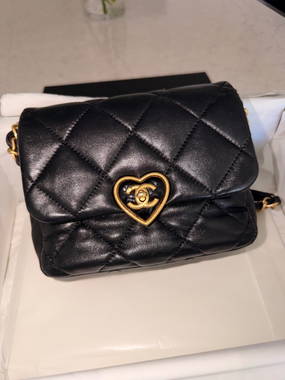 Chanel Heart Small Flap Bag Black Lambskin Antique Gold Hardware